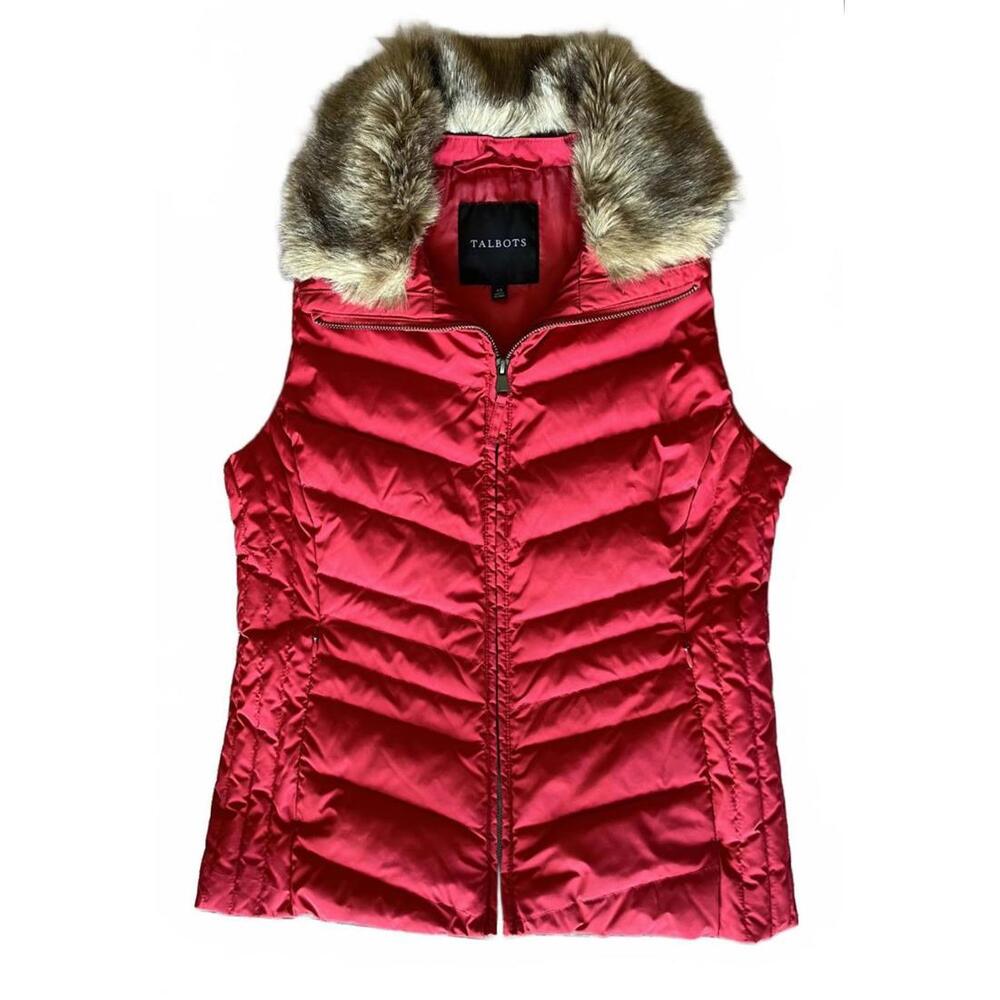 Talbots Women's Red Puffer Vest with Faux Fur Collar, XS